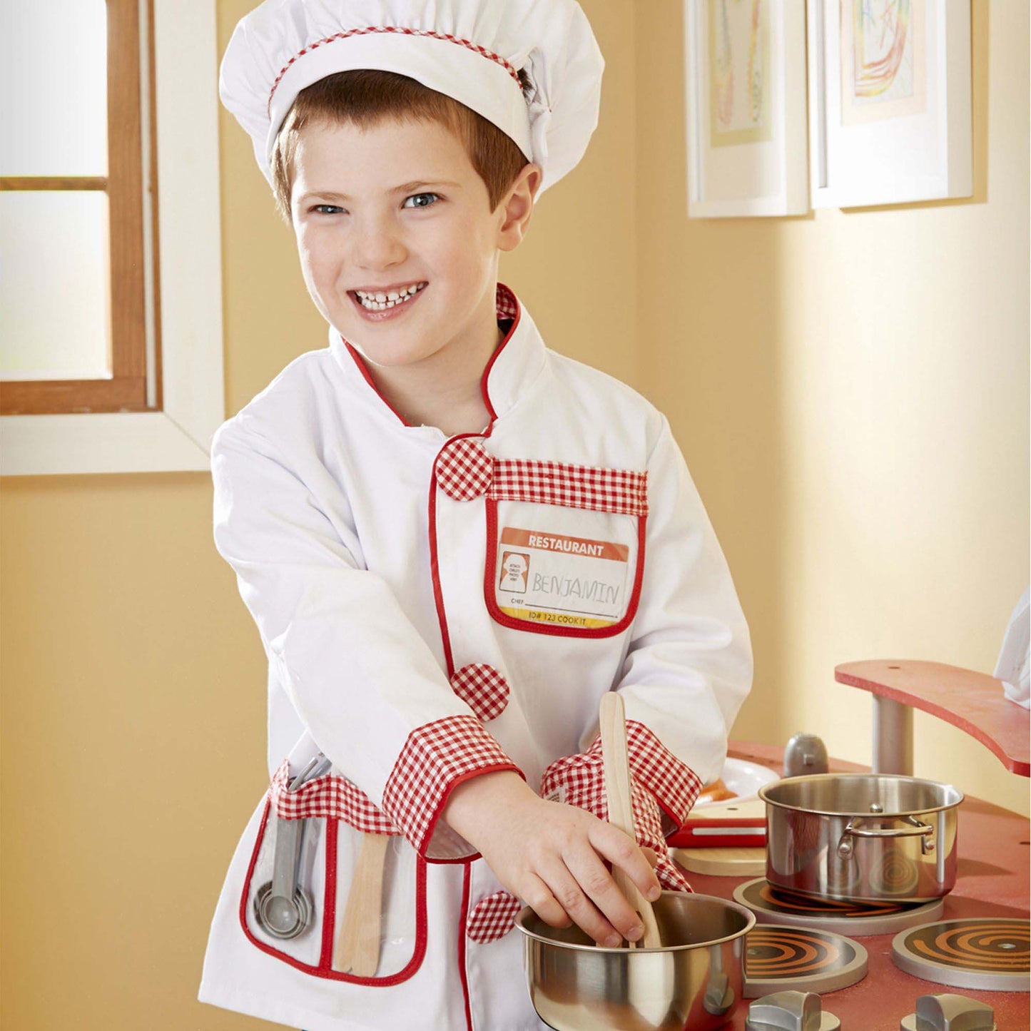 Chef Role Play Costume Set with red and white checkered apron, hat, and metal cooking pots
