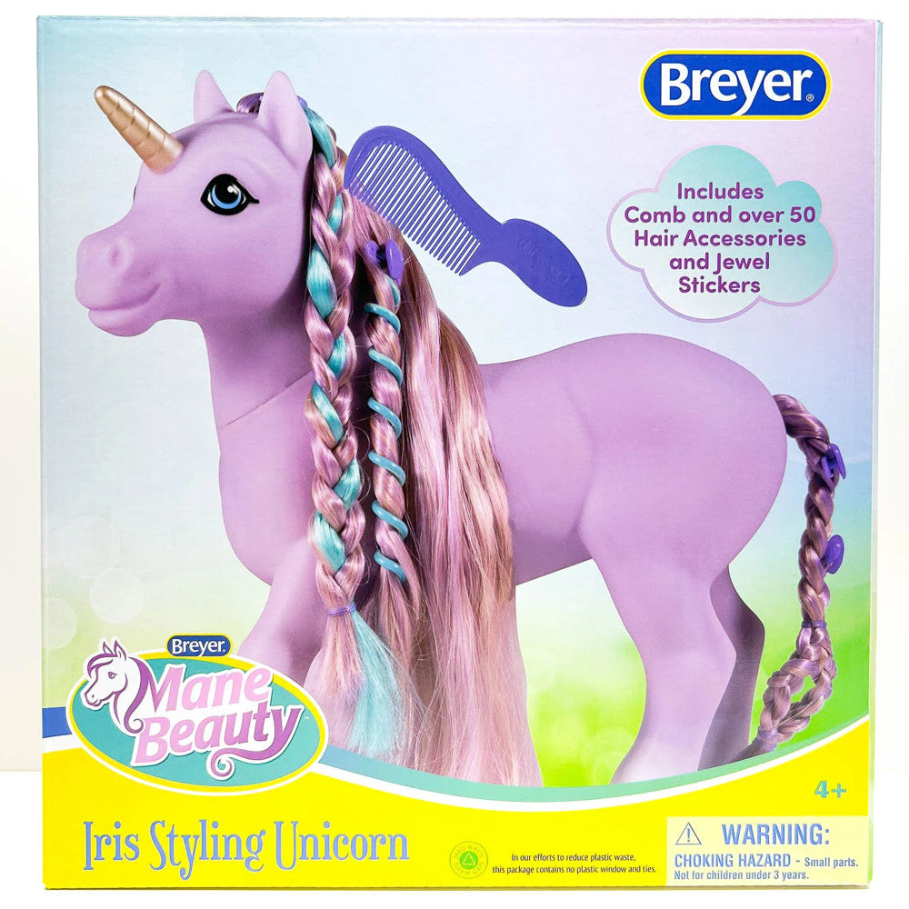 Pink unicorn with multicolored braided mane and tail, gold horn, includes comb and over 50 hair accessories and jewel stickers
