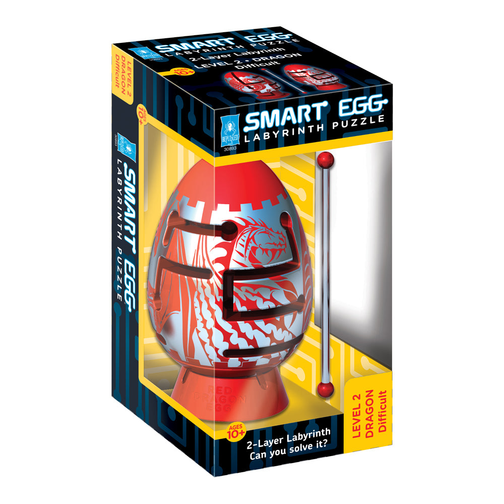 Smart Egg red dragon-design labyrinth puzzle with 2-layer maze, shown in packaging with included stylus tool