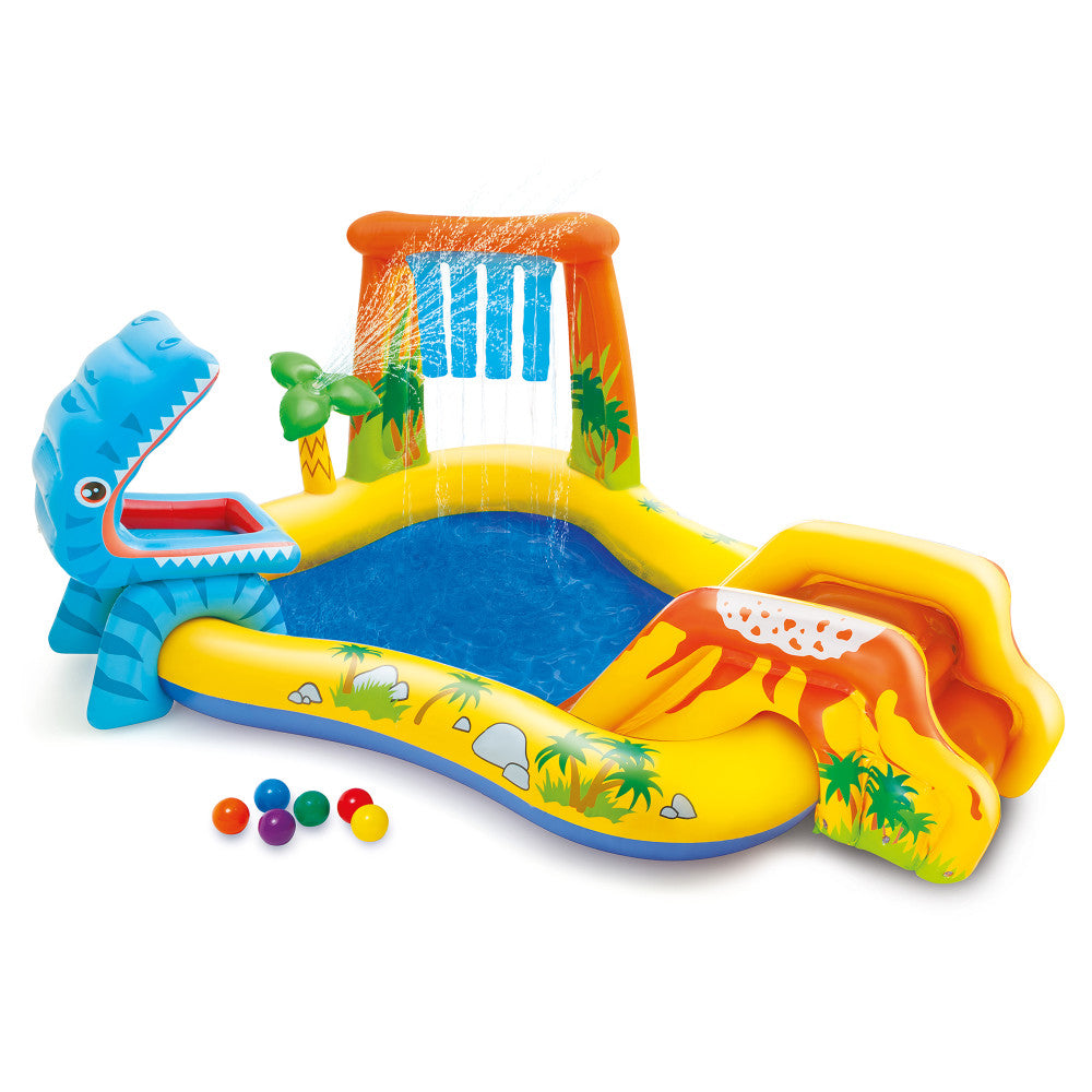 Colorful inflatable dinosaur water play center with blue dinosaur head, yellow slide, ball toss game, and wading pool, includes colored balls