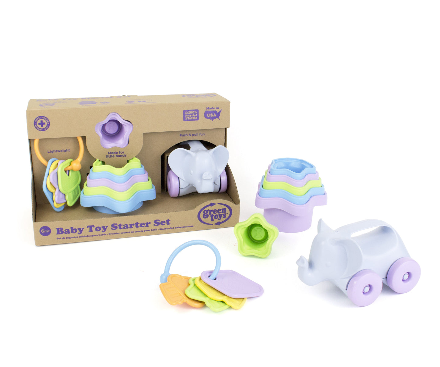 Green Toys Baby Toy Starter Set – Colorful Keys, Cups & Elephant