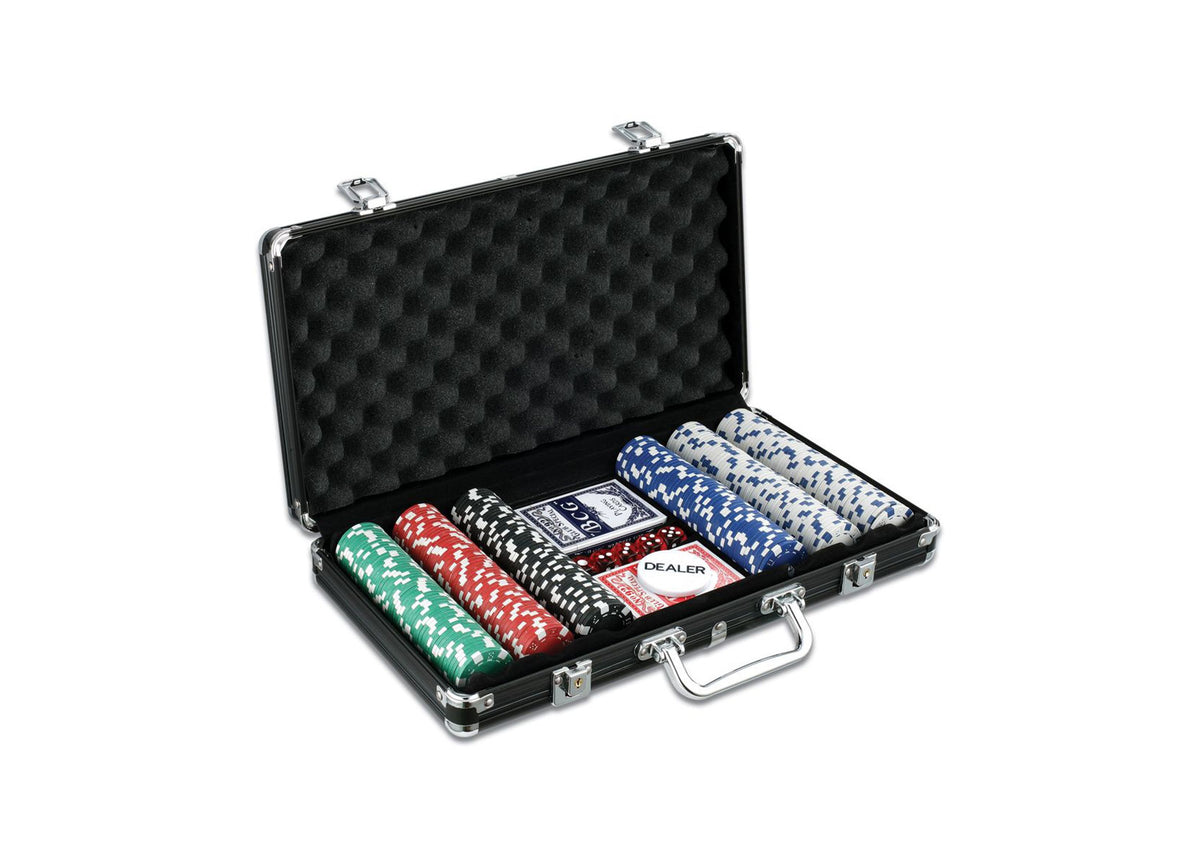 Black aluminum case poker set open, displaying stacks of green, red, black, and blue poker chips, playing cards, and dealer button