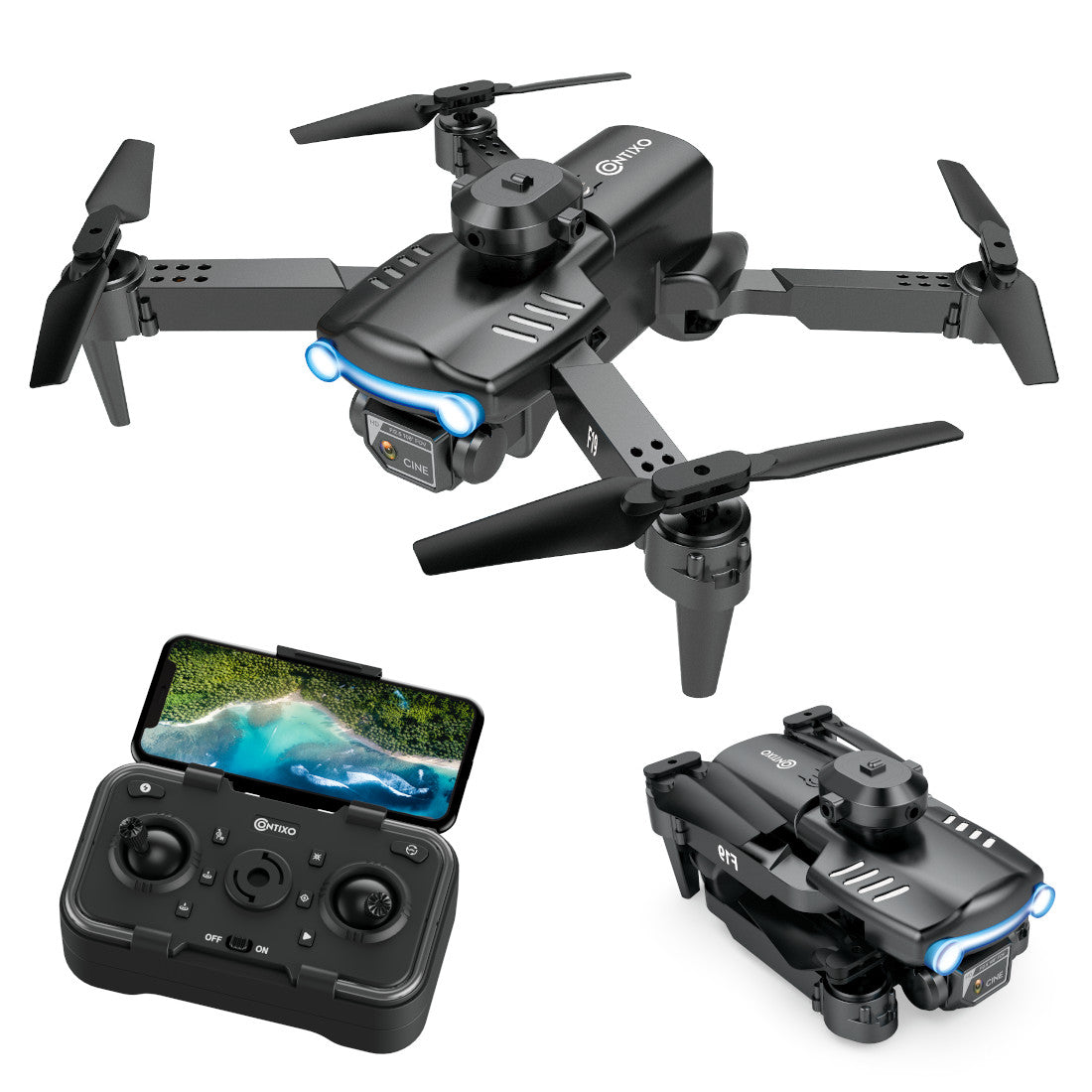 Contixo F19 drone with four black propellers and blue LED lights, shown with remote control transmitter and compact folded drone, displayed on plain background