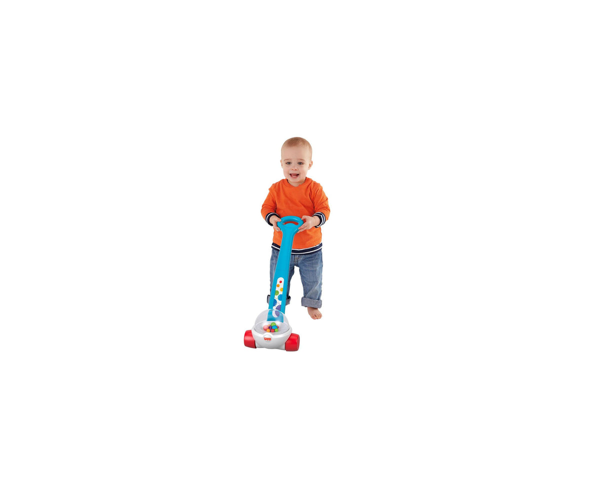 Fisher-Price Corn Popper in blue with toddler pushing toy, colorful balls visible in clear dome