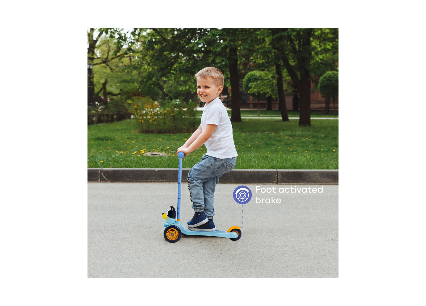 Sakar Bluey 3 Wheel Scooter in blue with foot activated brake, child riding