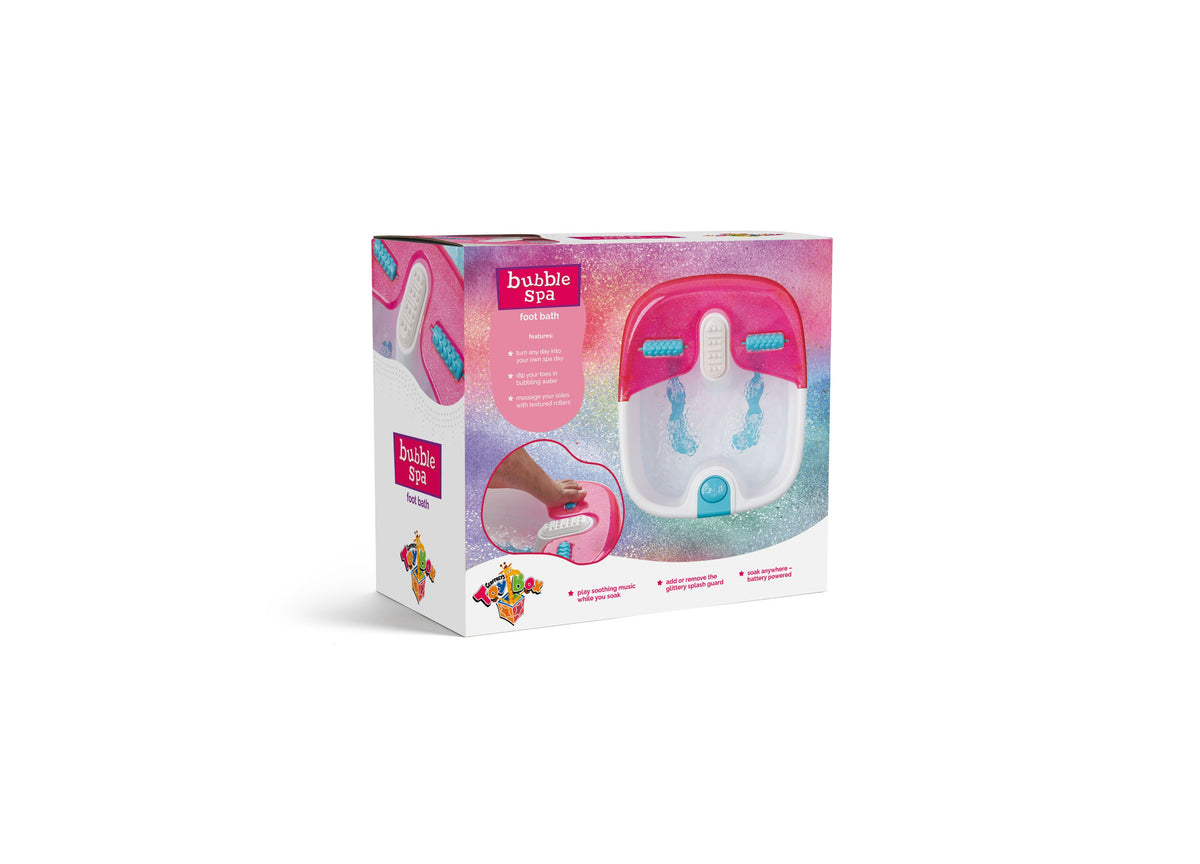 Geoffrey's Toy Box Bubble Spa Foot Bath in pink glitter with turquoise accents, shown in packaging with product display