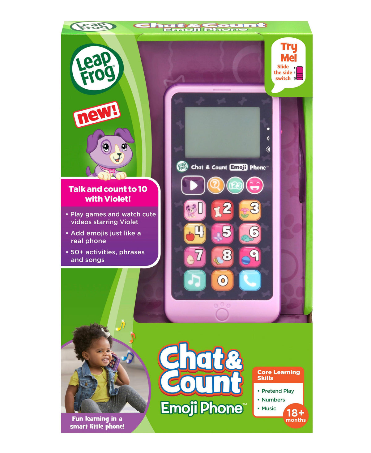 LeapFrog Chat & Count Emoji Phone in purple with pink trim, featuring numbered buttons and emoji icons, displayed in ...