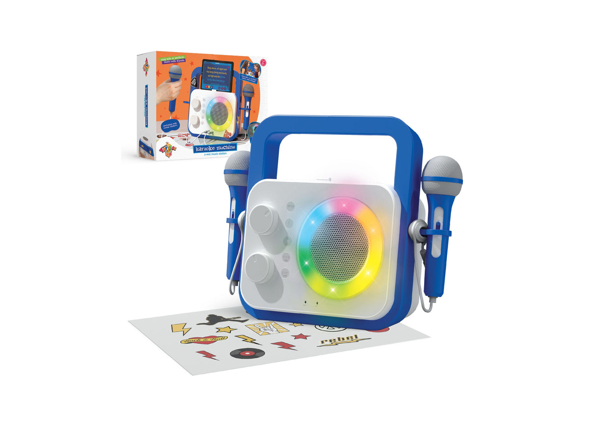 Geoffrey's Toy Box 2-Mic Karaoke Machine with blue handle, two microphones, colorful LED lights, and customizable sti...