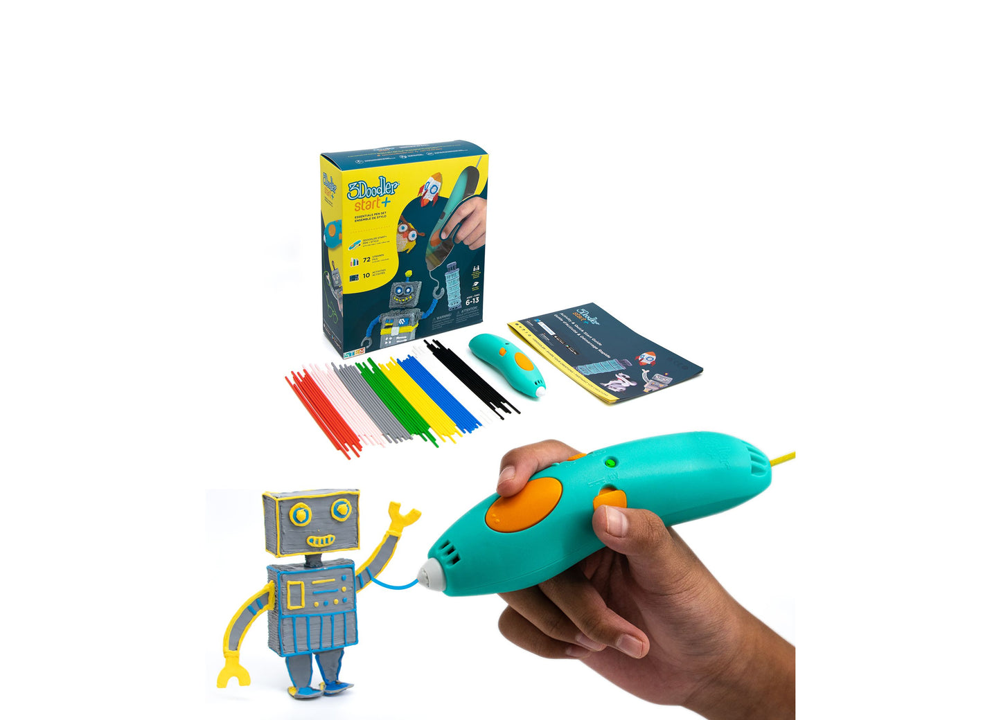 3Doodler Start+ wireless 3D printing pen in turquoise and orange, held in hand, with colorful plastic filament strands, instruction guide, and robot character f
