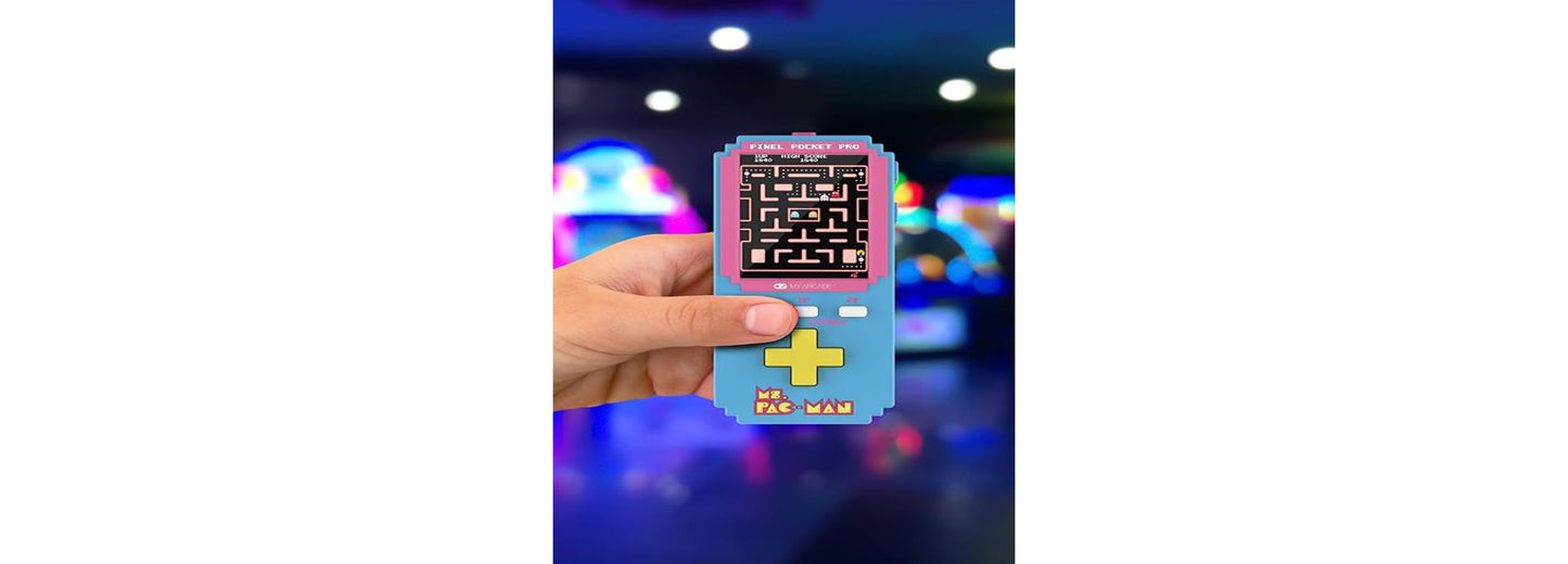 My Arcade Ms. Pac-Man Pixel Pocket Gaming System in pink and blue with yellow controls