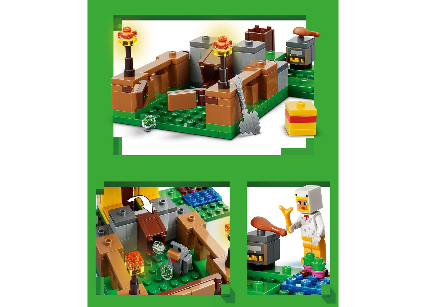 LEGO Minecraft Chicken Farm 21585 building set with brown farm structures, chicken minifigure, and colorful bricks