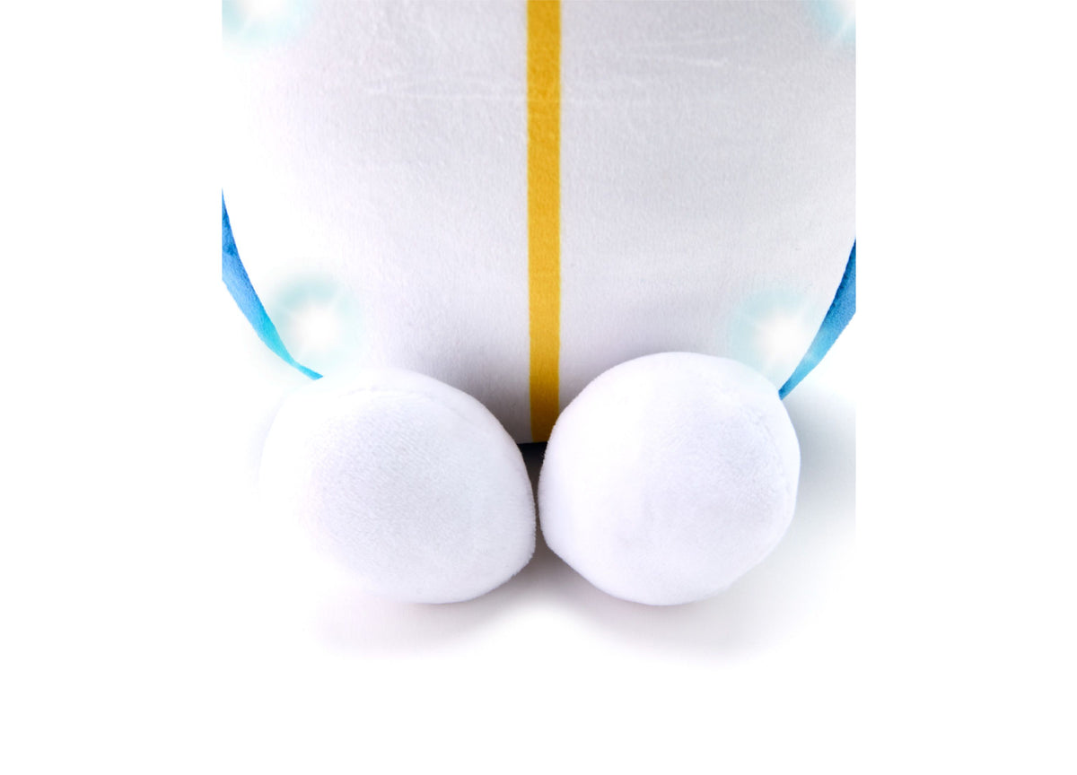 Geoffrey's Toy Box 11-inch Sports Surfboard Plush with white rounded ends, yellow center stripe, and blue curved details