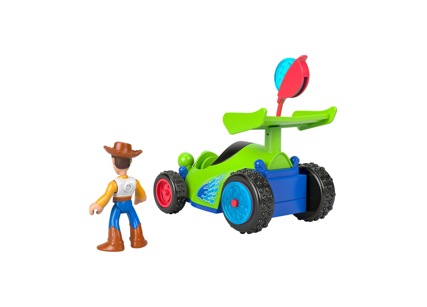 Imaginext Toy Story Woody and R.C. Playset with cowboy figure and green vehicle