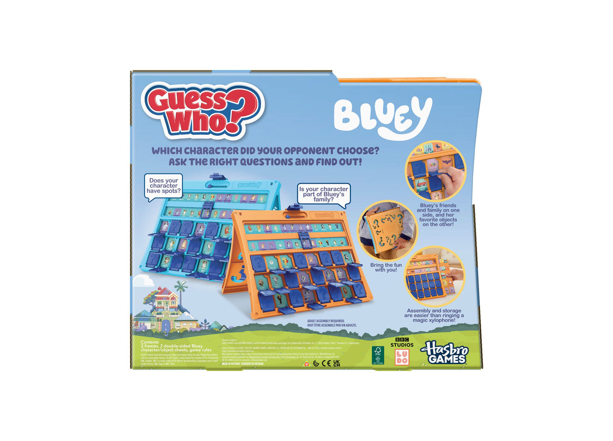 Bluey Guess Who Edition Board Game by Hasbro Gaming featuring blue and orange game boards with character panels
