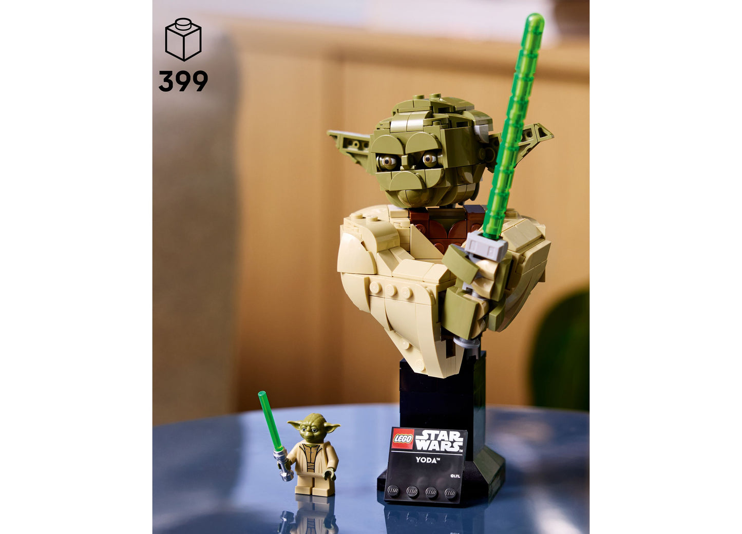 LEGO Star Wars Yoda Bust 75438 with 399 pieces, featuring tan and green colored brick construction and minifigure