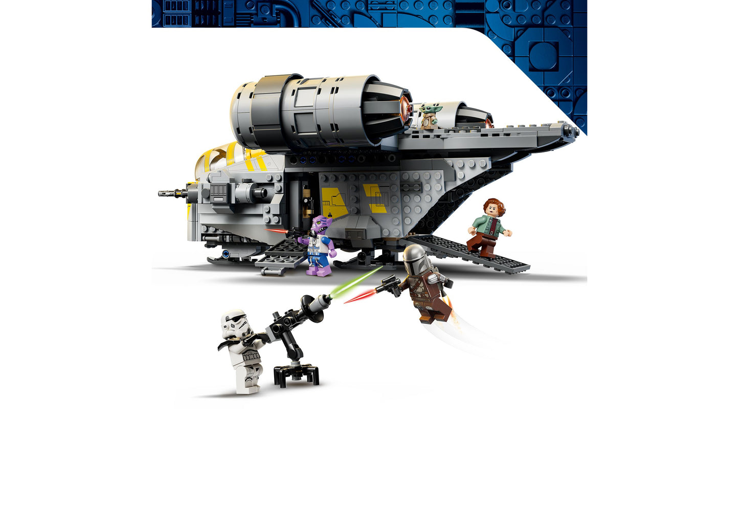 LEGO Star Wars The Razor Crest 75447 building set with 930 pieces, featuring gray and yellow spacecraft with minifigures