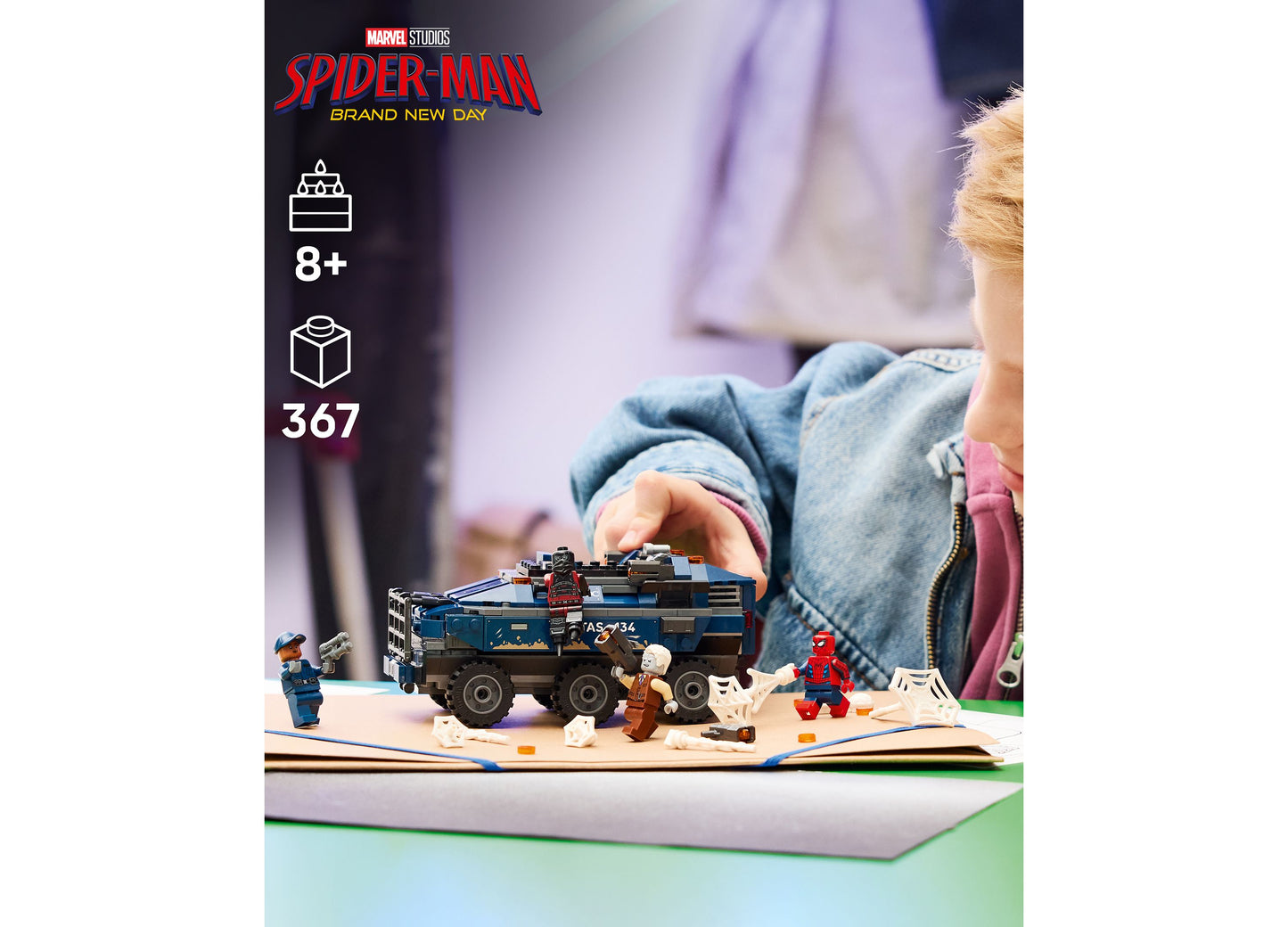 LEGO Marvel Spider-Man Prison Transport Chase 76349 set with 367 pieces featuring blue armored truck and minifigures