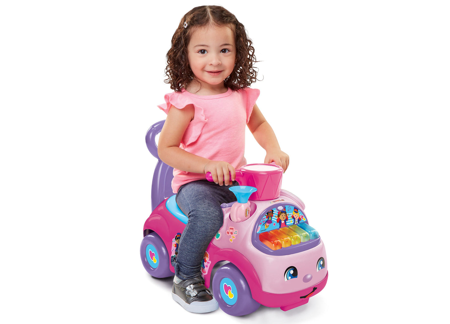 Fisher Price Little People Music Parade pink and purple ride-on toy with toddler