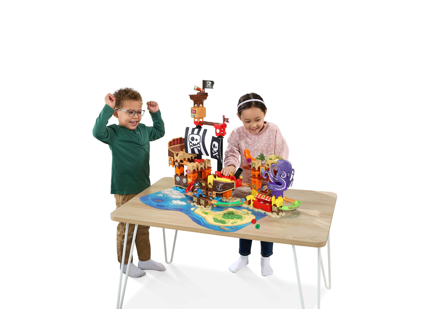 VTech Marble Rush Pirates Cove set with pirate ship, colorful tracks, and two children playing