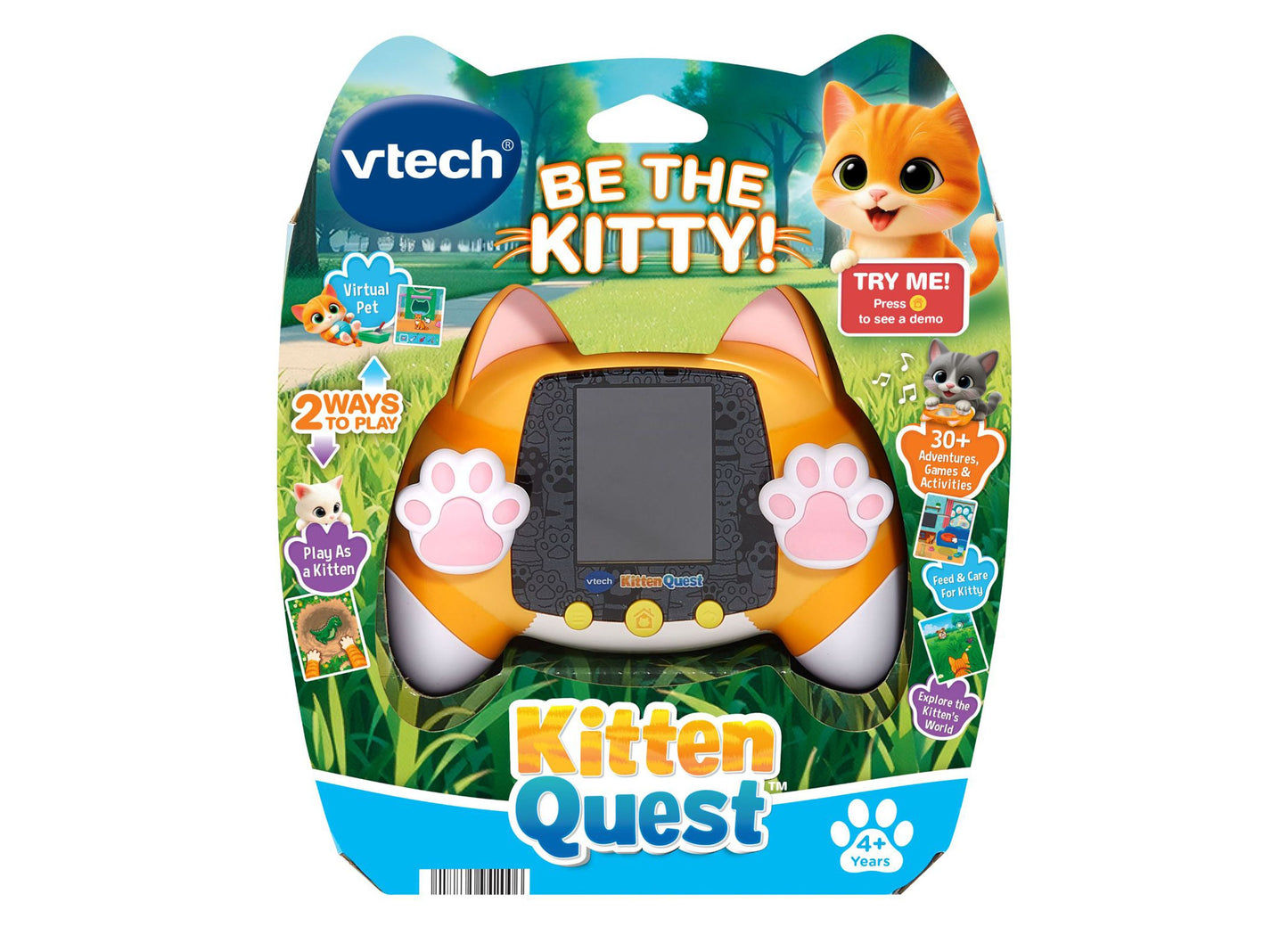 VTech Kitten Quest orange virtual pet handheld game with cat ears and paw buttons for ages 4+