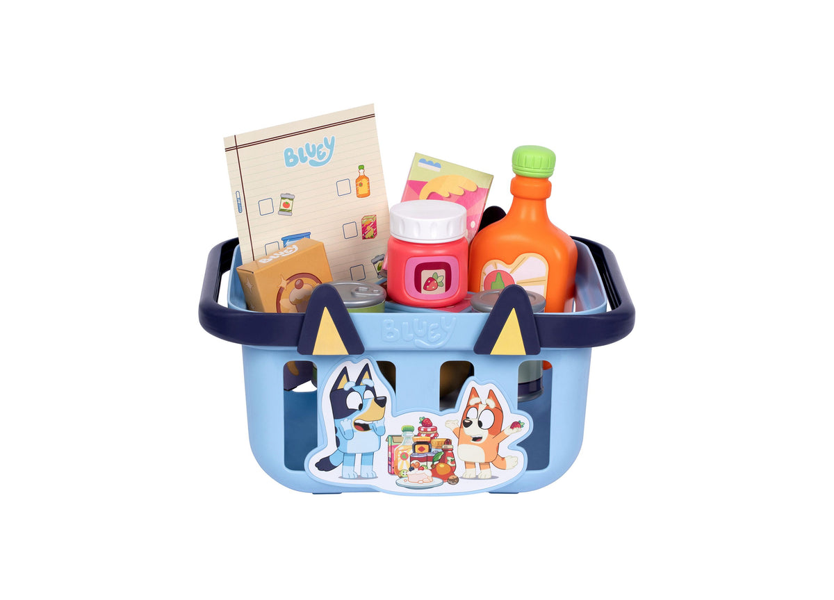 Bluey Shopping Basket with 9 Food Accessories 10-Piece Playset featuring blue basket with black handles, character ar...
