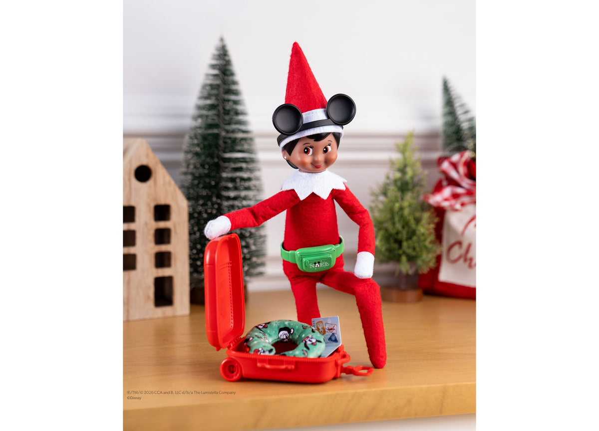 Elf on the Shelf Mickey & Friends 5-Piece Travel Set with red rolling suitcase, Mickey ears headband, and accessories