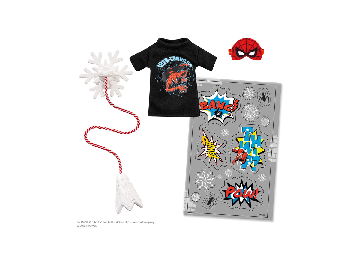 Elf on the Shelf Marvel Spider-Man 4-Piece Set with black Spider-Man tee, red mask, snowflake toy, candy cane cable, ...