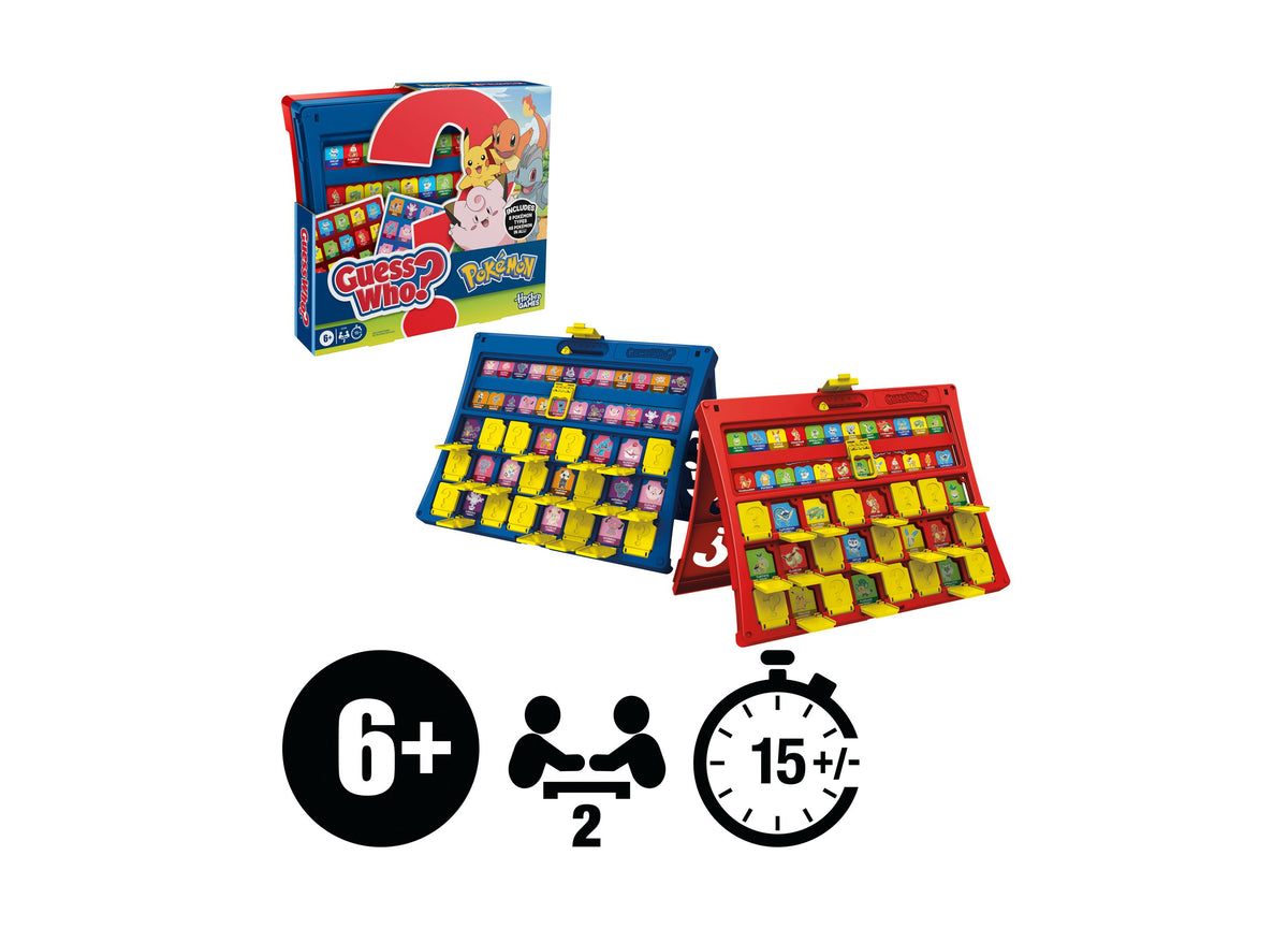 Hasbro Gaming Guess Who Pokémon Edition 2-player board game with blue and red fold-up cases featuring Pokémon characters