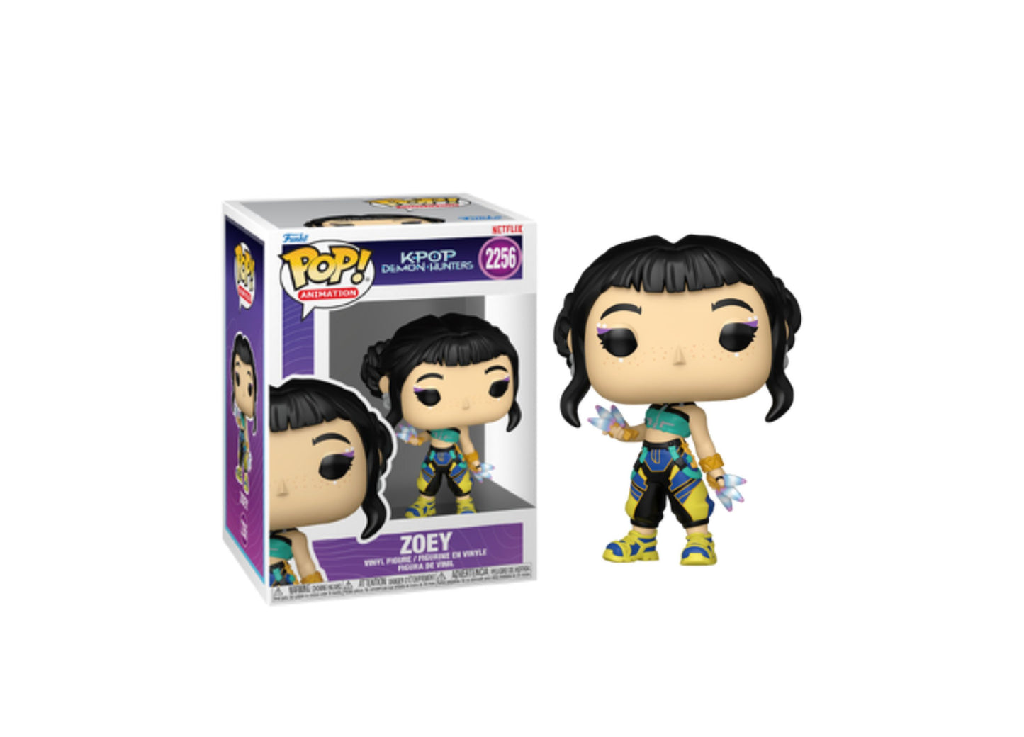 Funko POP Animation KPOP Demon Hunters Zoey figure with black hair, teal and yellow outfit