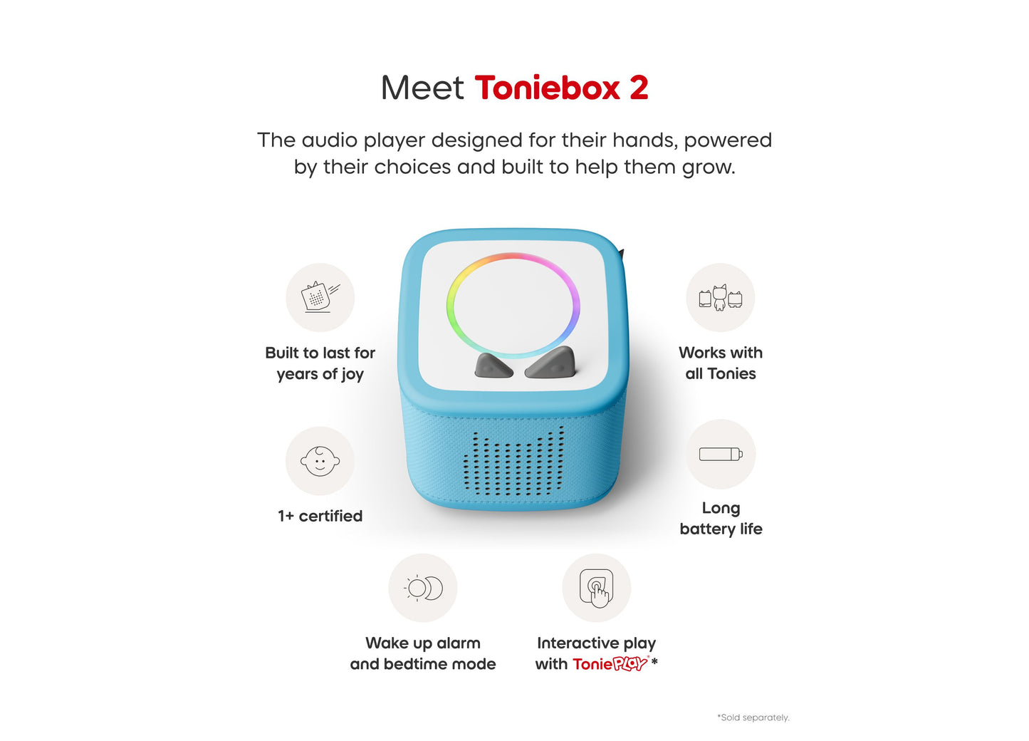 Tonies Toniebox 2 blue audio player with colorful screen display and speaker grille