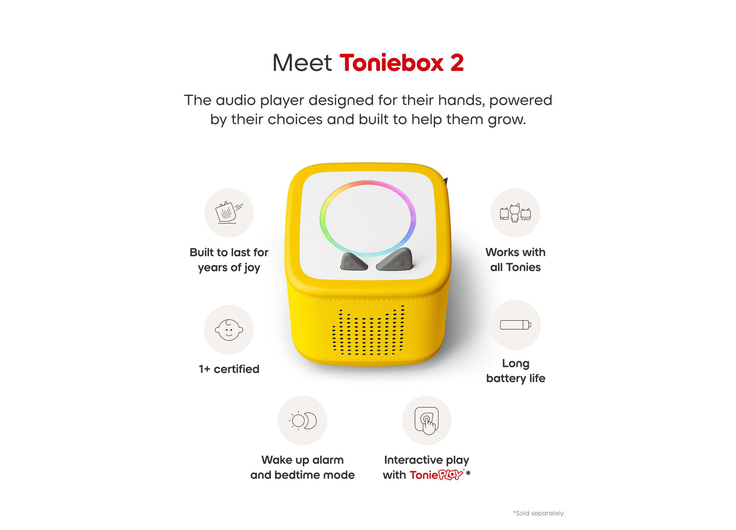 Tonies Toniebox 2 yellow audio player with colorful screen and interactive features for ages 1+