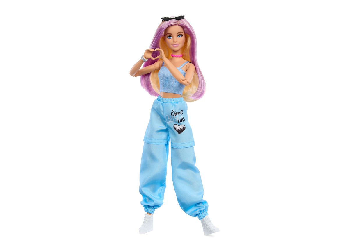 Barbie Deluxe Style 11" Fashion Doll with purple and blonde color-change hair, wearing blue crop top and joggers with...