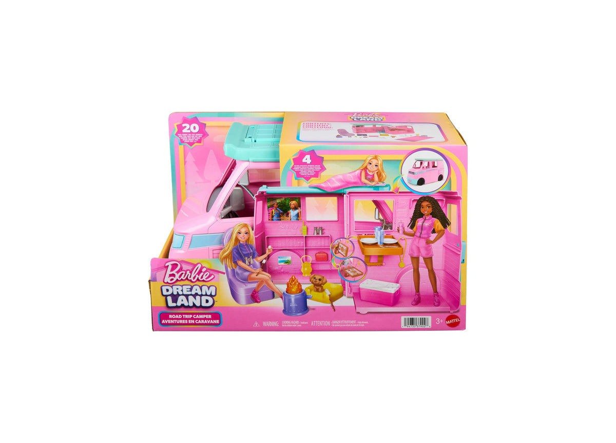 Barbie Dream Land Road Trip Camper 20-Piece Playset in pink with two dolls, puppy, and camping accessories