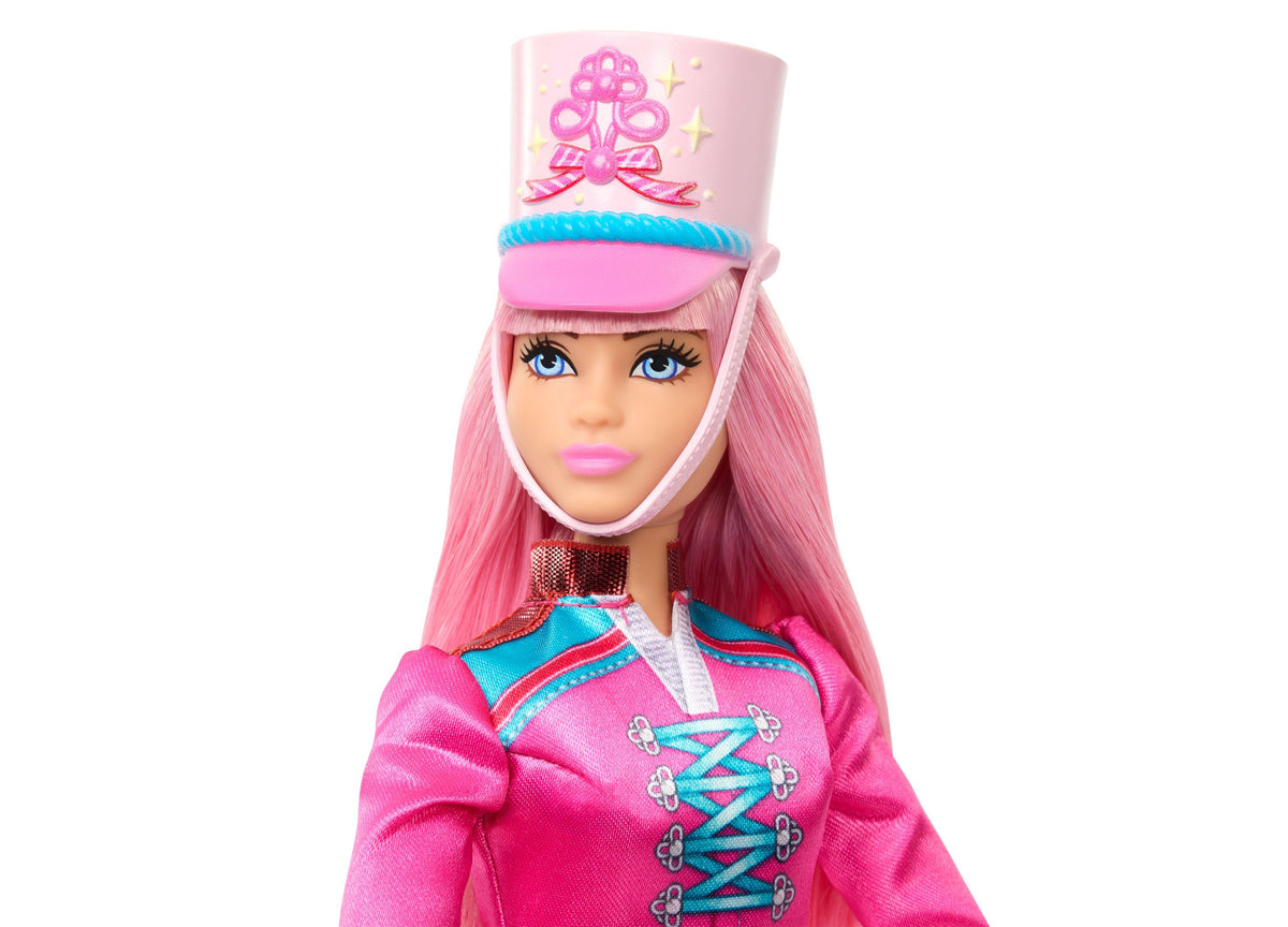 Barbie in the Nutcracker Daisy ballerina doll with pink hair, pink and turquoise outfit, tall pink hat with bow detai...