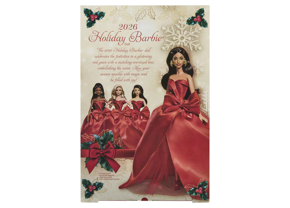 2026 Holiday Barbie doll in red gown with bow detail and brown hair, shown with smaller dolls