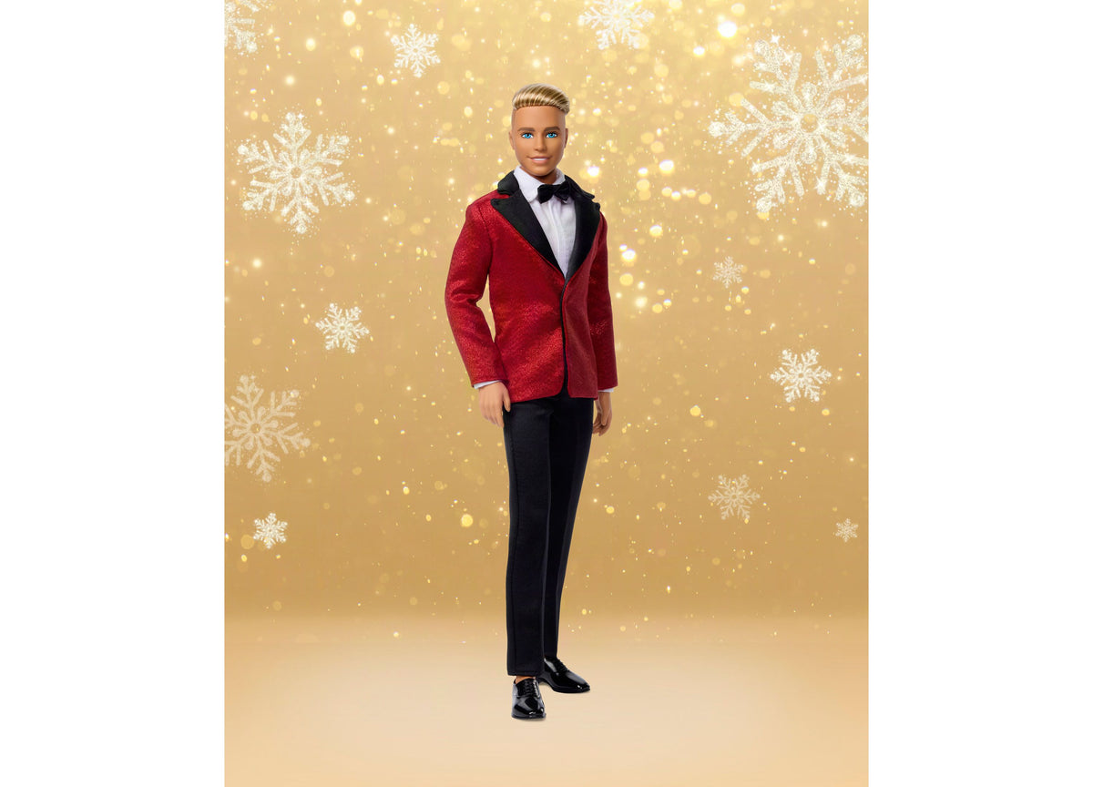 Barbie Signature 2026 Holiday Blonde Ken 13" doll in red velvet blazer and black pants with bow tie
