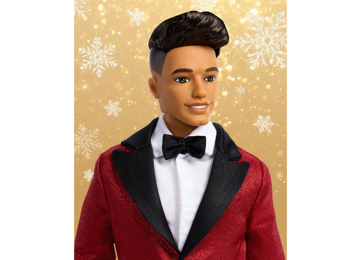 Barbie 2026 Holiday Ken collectible doll wearing red and black tuxedo with bow tie