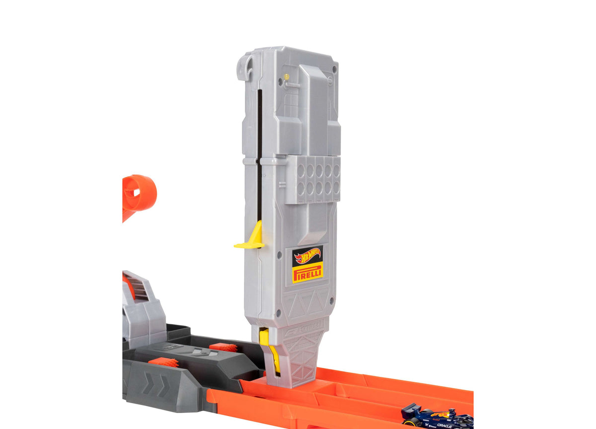 Hot Wheels 1:64 Scale Formula 1 Grid Start Track Set with gray tower launcher and orange track