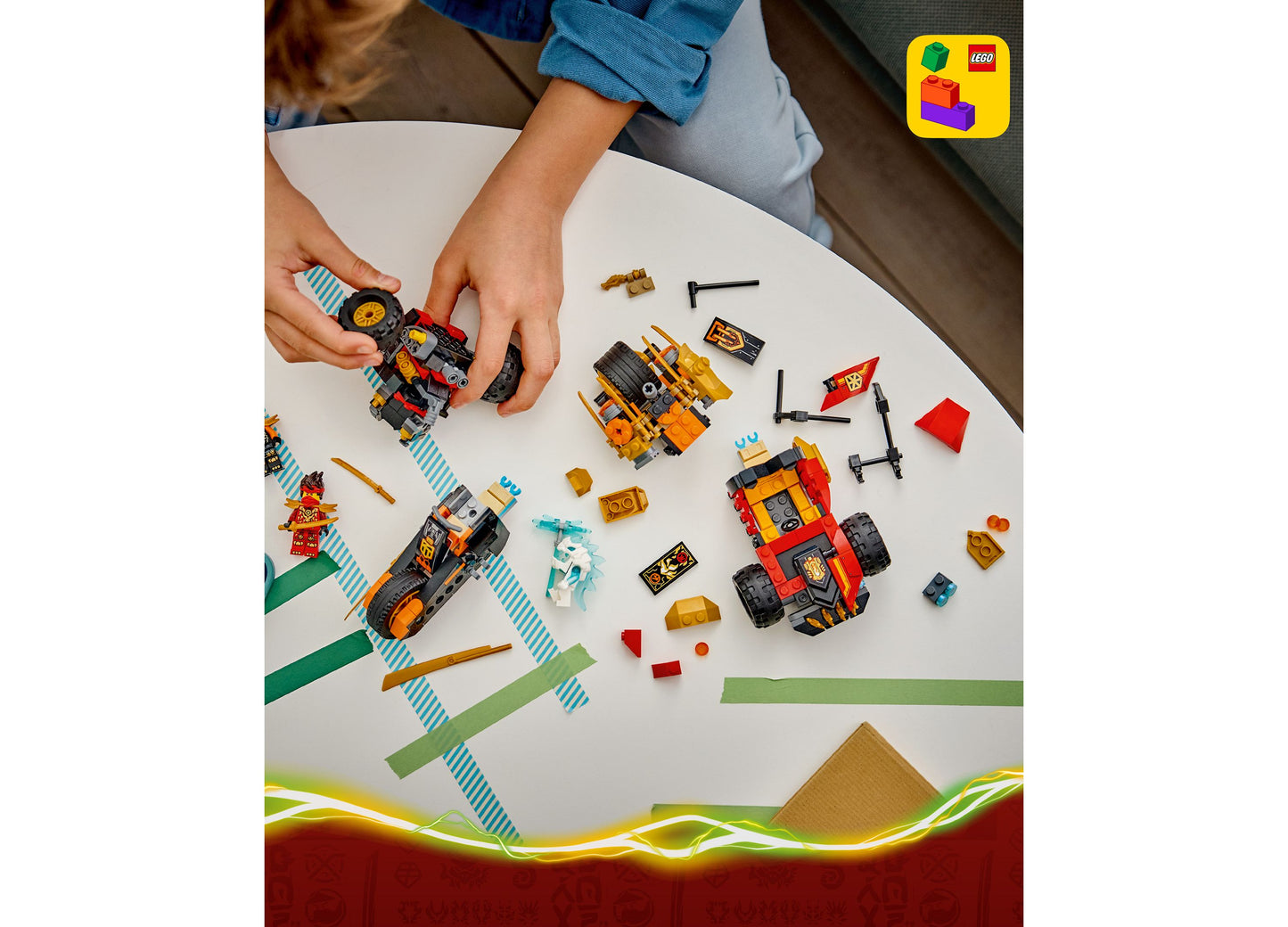 LEGO NINJAGO Kai and Cole's Combiner Vehicles 71864 set with red and orange buildable vehicles displayed on white sur...