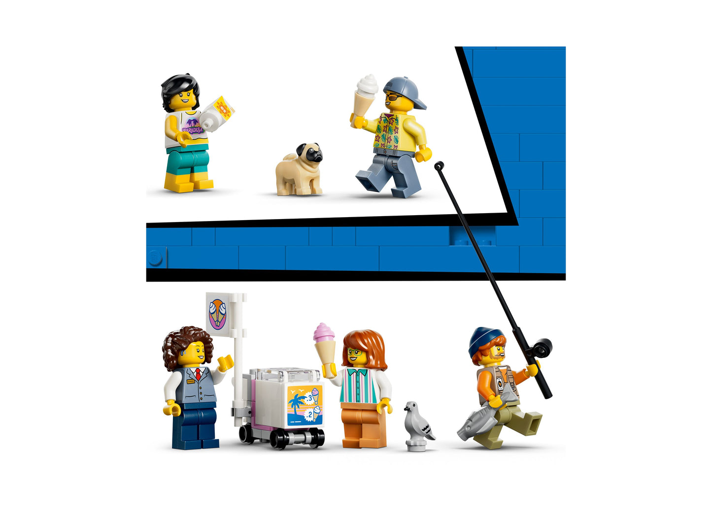 LEGO City Classic Beach Streetcar 60506 set with minifigures, pug, ice cream cart, and fishing character