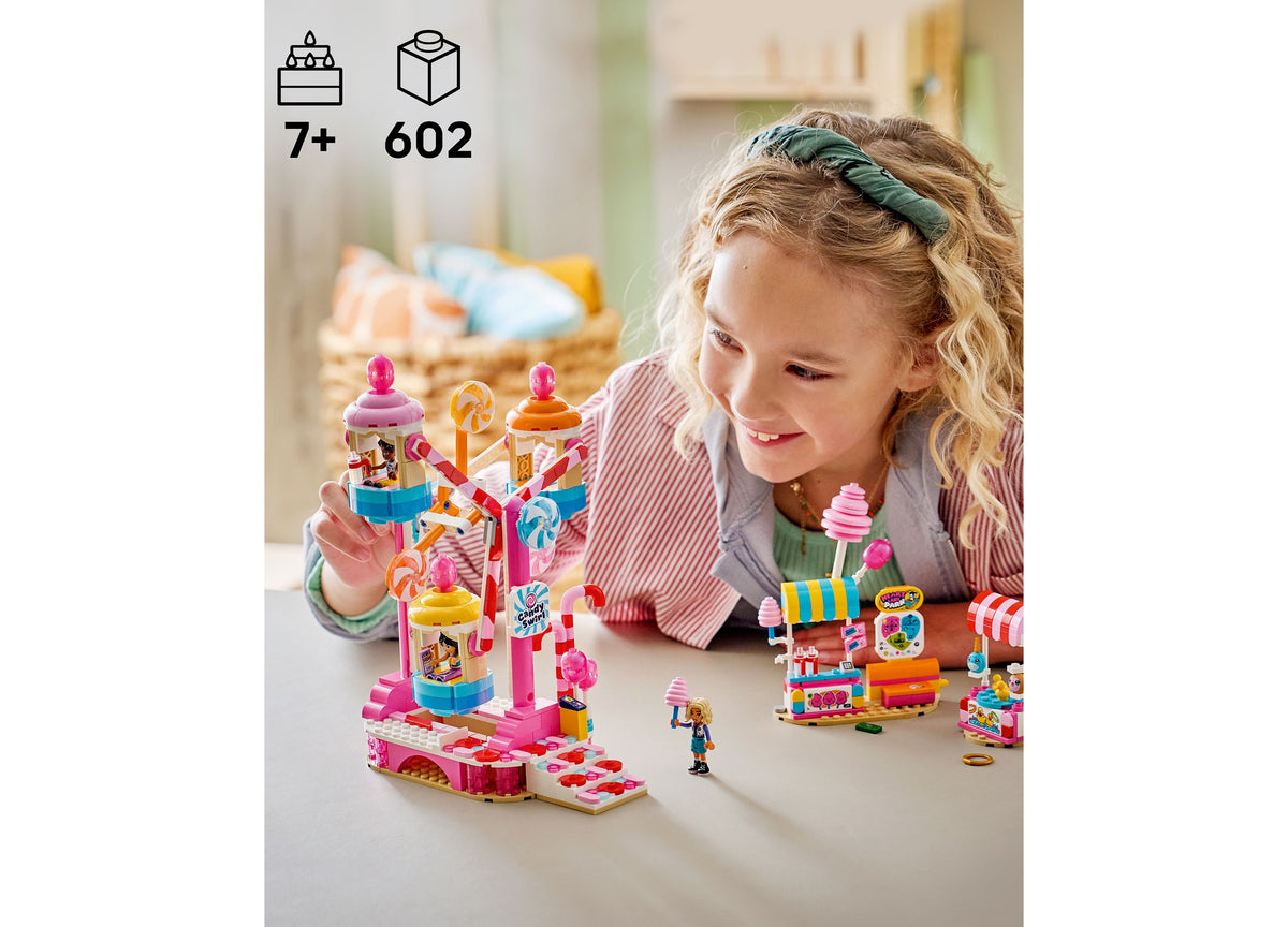 LEGO Friends Candy Cupcake Ferris Wheel 42700 building set with 602 pieces, featuring pink and colorful candy-themed ...