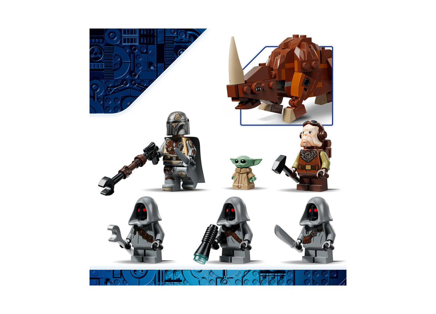LEGO Star Wars 75453 set with Mandalorian, Grogu, Jawas, brown Mudhorn creature, and blue baseplate