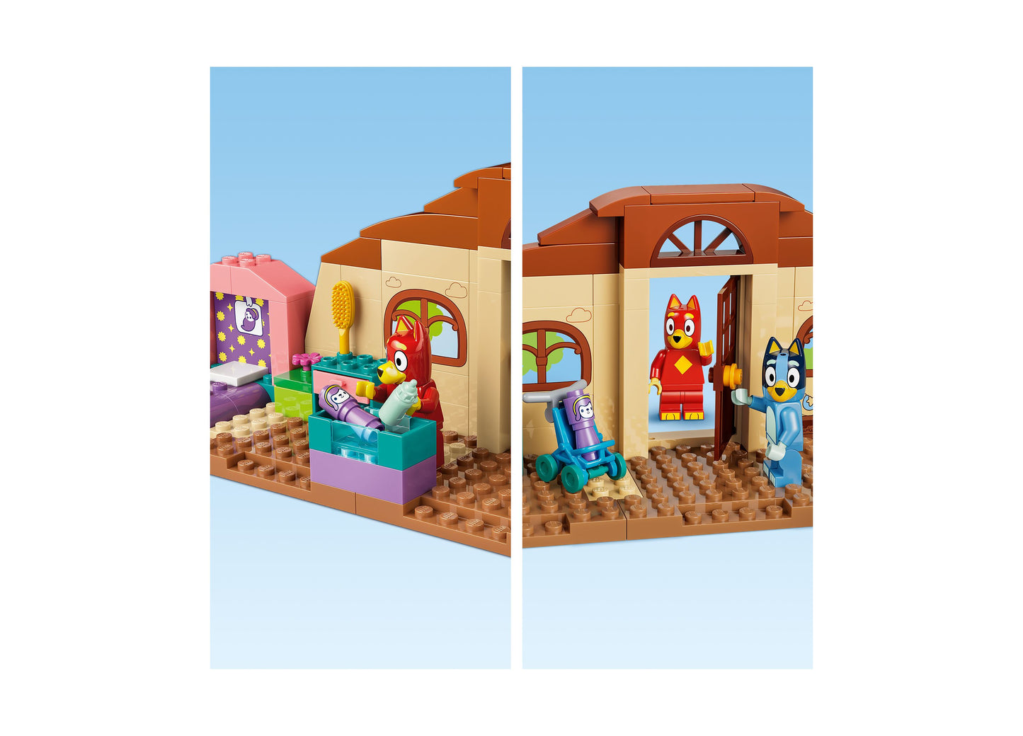LEGO Bluey School 11221 building set showing colorful classroom and outdoor scenes with Bluey and Rusty minifigures