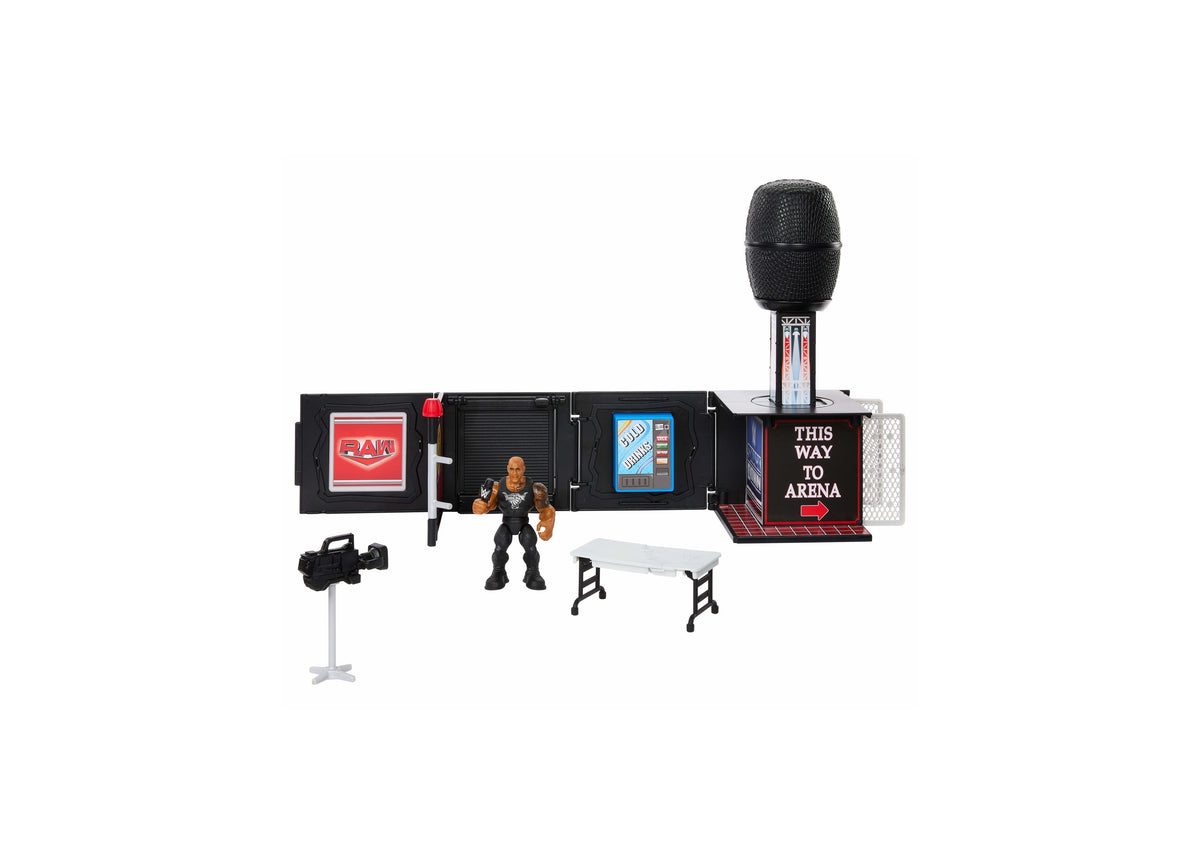 WWE The Rock Knuckle Crunchers Final Boss microphone playset with black action figure, arena backdrop, microphone, ca...