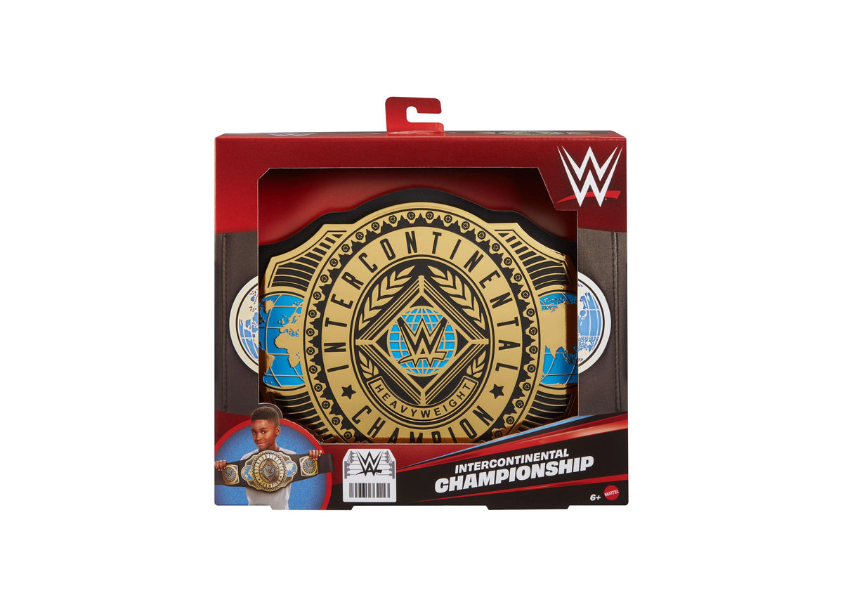WWE Intercontinental Championship Kid-Sized Title Belt in gold and black packaging