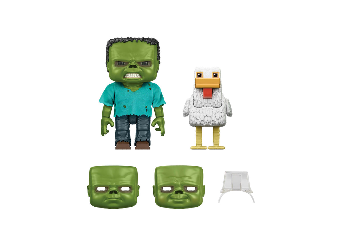 Minecraft Chicken Jockey 2-piece action figure set with baby zombie, chicken, three swappable faces, and removable sa...