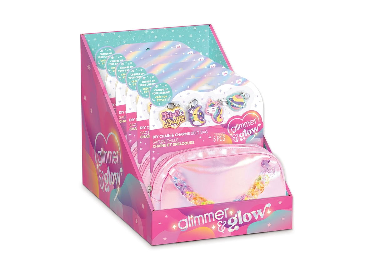 Make It Real DIY Chain and Charms Belt Bag display box with iridescent pink bag and rainbow chain details
