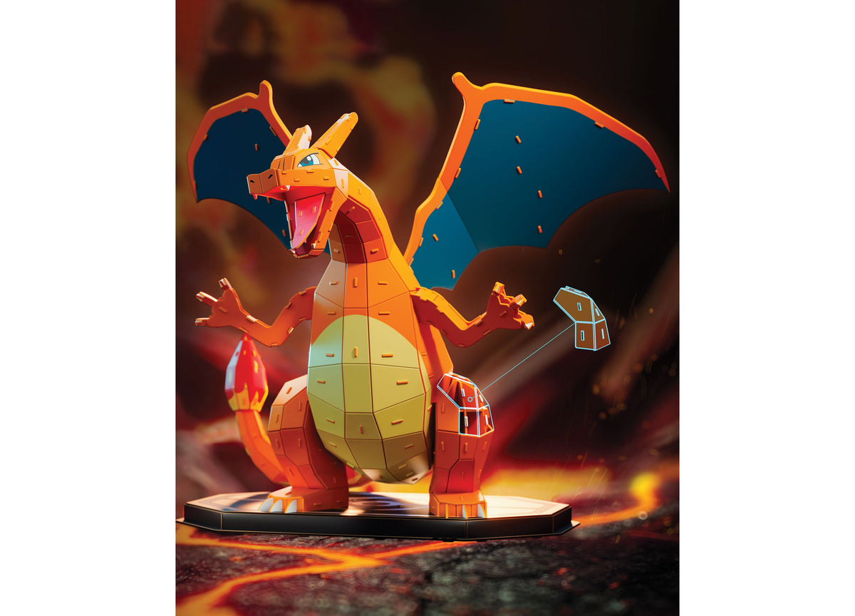 Pokemon 4D Build Charizard 223-Piece 3D Puzzle featuring orange and blue dragon character on display stand