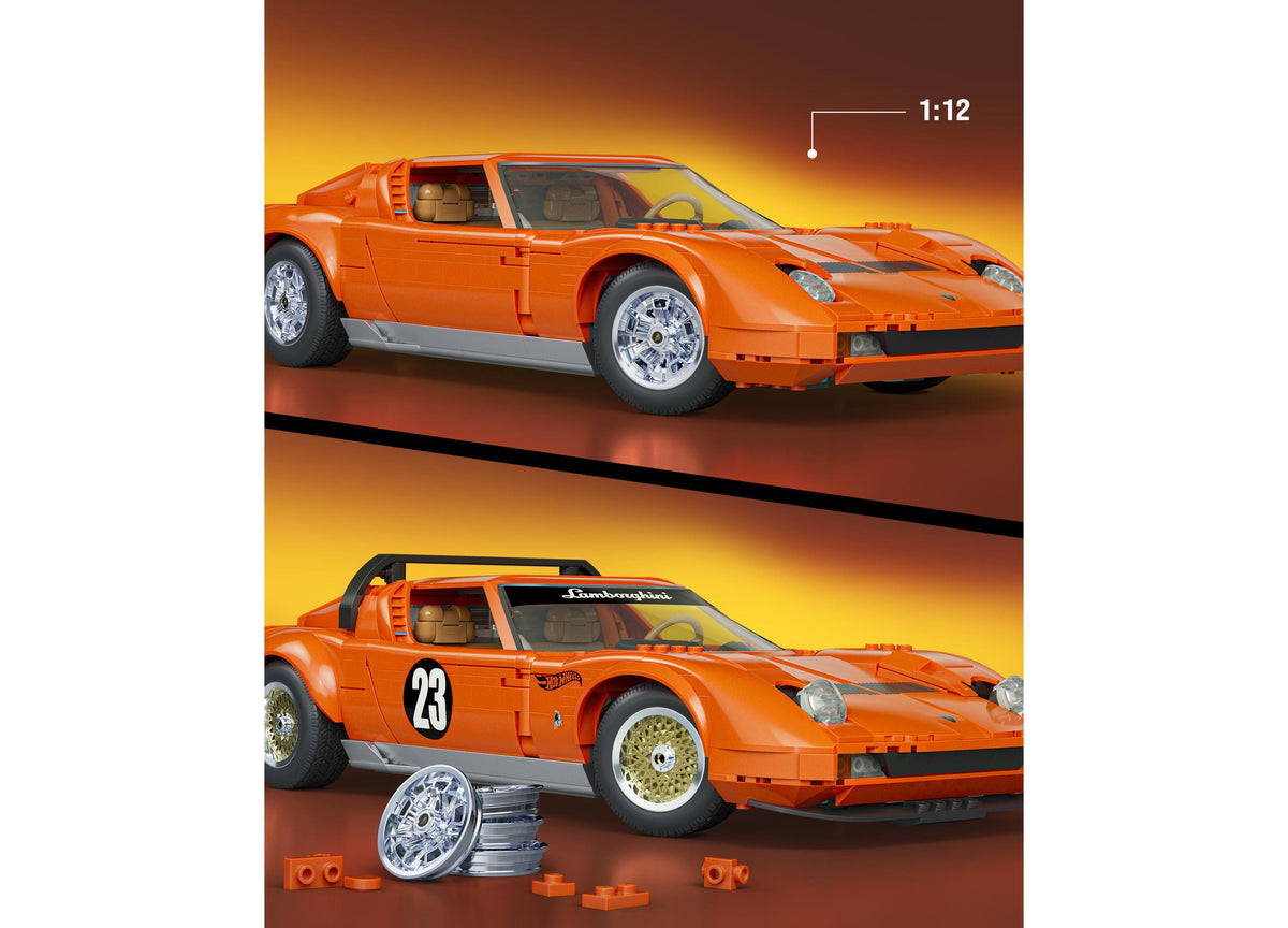 Orange Lamborghini Miura P400 SV building set shown assembled and with interchangeable wheels and racing decals