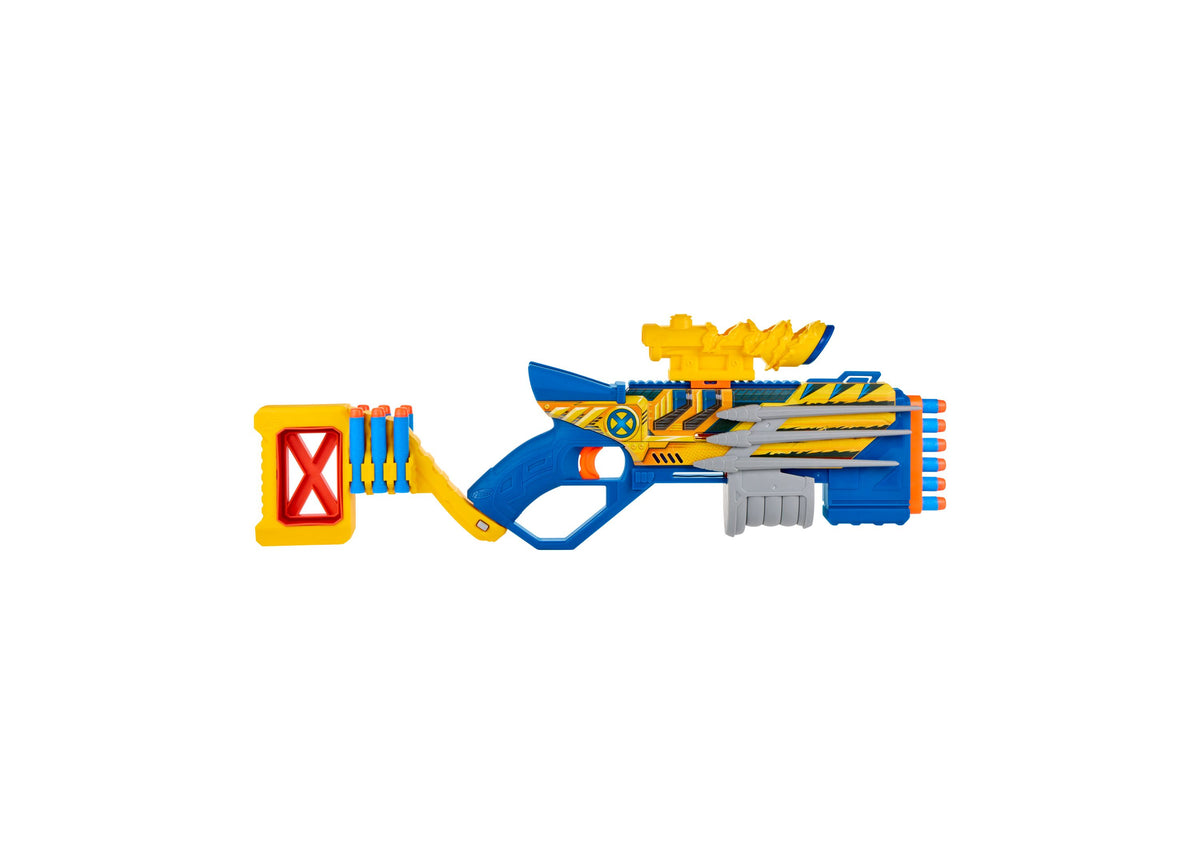 Nerf Marvel Wolverine Blaster in blue and yellow with claw priming action, removable scope, and foam dart ammunition